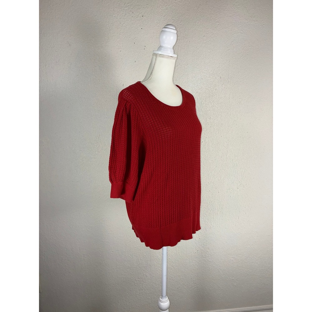 Terra & Sky Red Pointelle Knit Puff Sleeve Sweater Plus Size 2X Scoop Neck